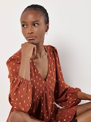 Apricot Red Enchanted Puff Sleeve V-Neck Dress - Image 4 of 4