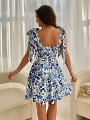 Girl In Mind Blue Kendall Blue Floral Tie Strap Mini Skater Dress - Image 4 of 4