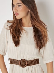 Apricot Natural Tiered Plait Belt Dress With Linen - Image 2 of 4