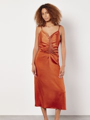 Apricot Orange Satin Ruched A Line Midi Dress - Image 1 of 4