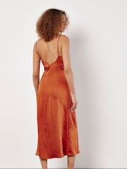 Apricot Orange Satin Ruched A Line Midi Dress - Image 2 of 4