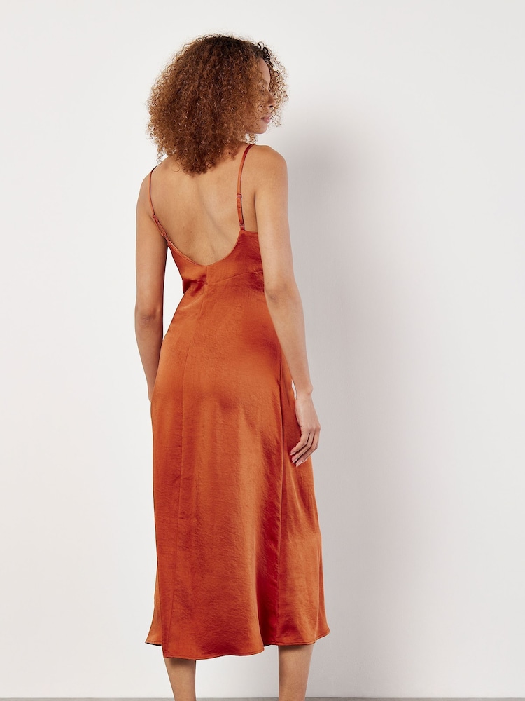 Apricot Orange Satin Ruched A Line Midi Dress - Image 2 of 4