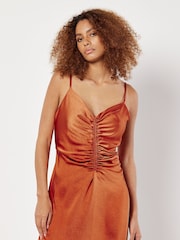 Apricot Orange Satin Ruched A Line Midi Dress - Image 3 of 4