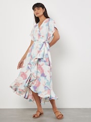 Apricot Green Watercolour Cloud Print Wrap Dress - Image 1 of 4