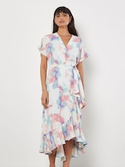 Apricot Green Watercolour Cloud Print Wrap Dress - Image 2 of 4