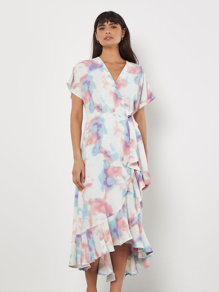 Apricot Green Watercolour Cloud Print Wrap Dress - Image 2 of 4