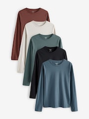 Black/Green/Navy/Brown/Grey Slim Fit Slim Fit Long Sleeve 100% Cotton T-Shirts 5 Pack - Image 1 of 14