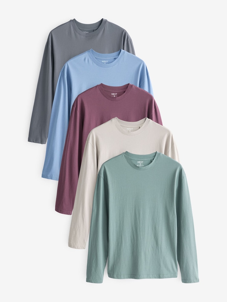 Blue/Green/Purple/Pink/Neutral Relaxed Fit Regular Fit Long Sleeve 100% Cotton T-Shirts 5 Pack - Image 1 of 16