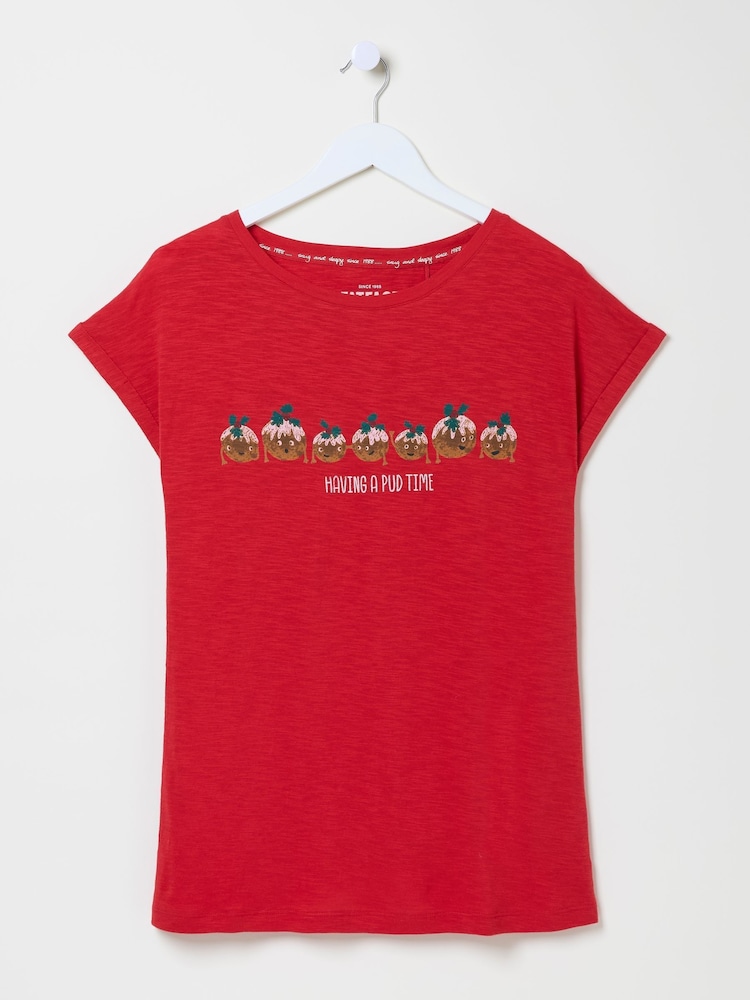 FatFace Christmas Pudding Red Pyjama Top - Image 5 of 5