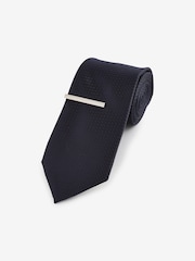 Dark Blue Textured Tie And Clip Set - Image 1 of 3