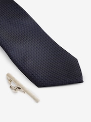 Dark Blue Textured Tie And Clip Set - Image 2 of 3