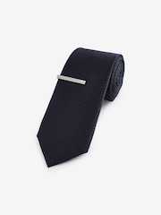 Dark Blue Slim Textured Tie And Clip Set - Image 1 of 3