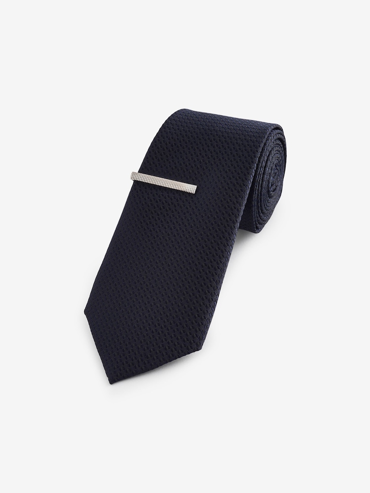 Dark Blue Slim Textured Tie And Clip Set - Image 1 of 3