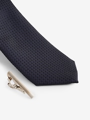 Dark Blue Slim Textured Tie And Clip Set - Image 2 of 3