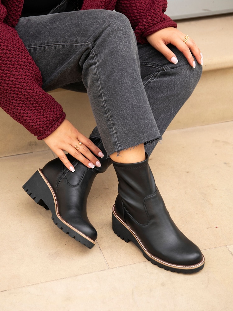 Linzi Black PU Trish Wedged Heel Ankle Boots - Image 1 of 5