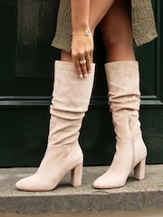 Linzi Nude Aura High Leg Ruched Boots With Block Heel - Image 1 of 5