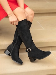 Linzi Black Suede Gwen High Leg Heeled Boots With Buckle Detailing - Image 1 of 5