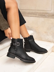 Linzi Black Buckle Detail Ankle Watson Boots - Image 1 of 5