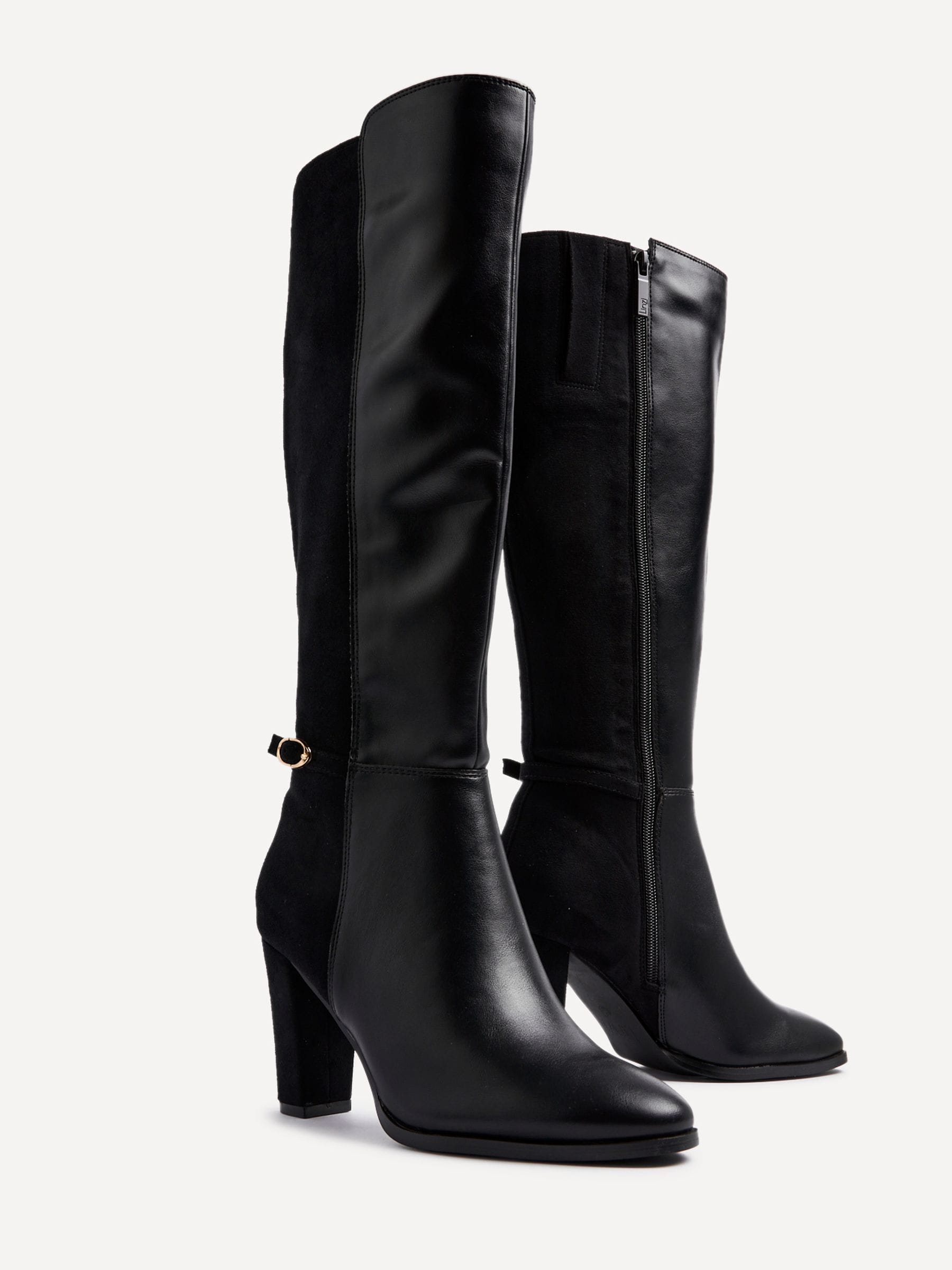 Buy Linzi Black Symone High Leg Block Heeled Boots With Buckle