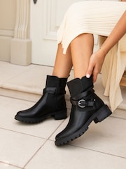 Linzi Black Trinity PU Biker Boots With Buckle Detail - Image 1 of 5
