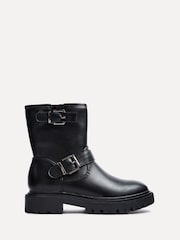 Linzi Black Trinity PU Biker Boots With Buckle Detail - Image 2 of 5