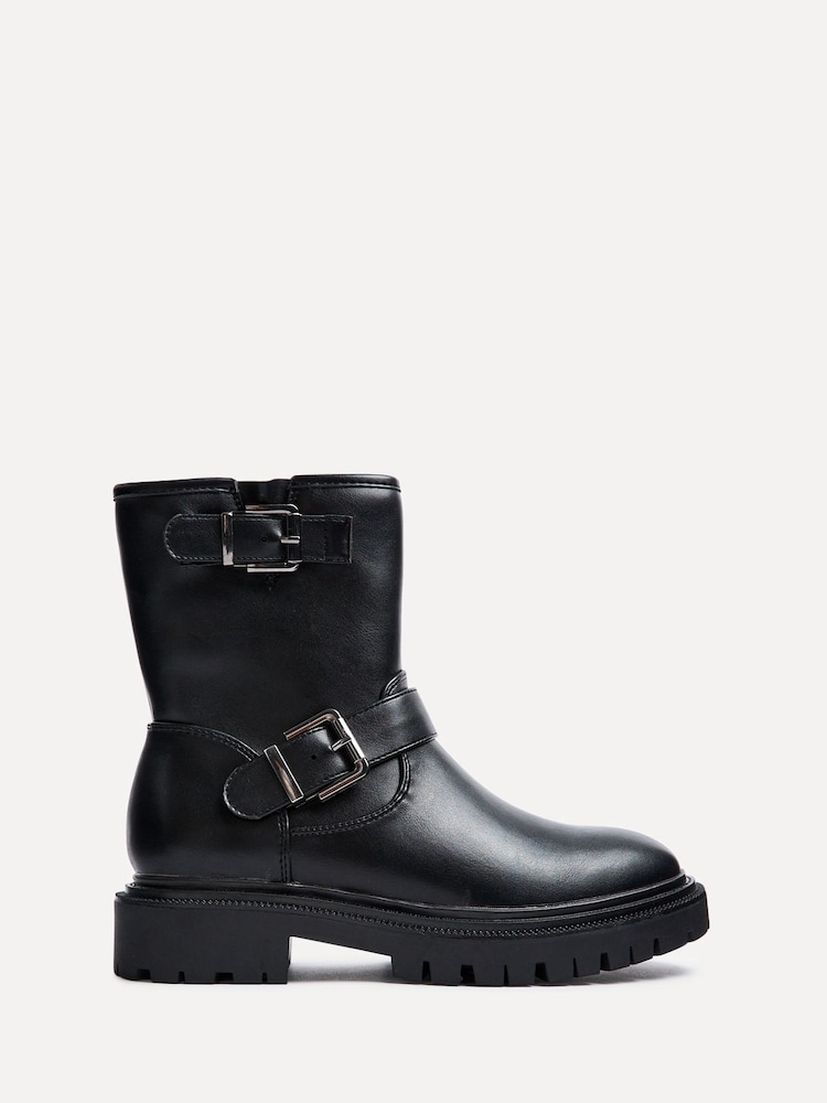 Linzi Black Trinity PU Biker Boots With Buckle Detail - Image 2 of 5