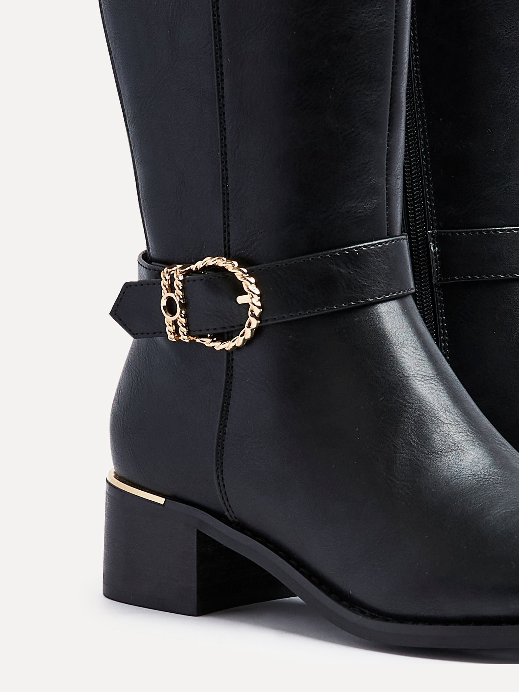 Buy Linzi Black Gwen High Leg Heeled Boots With Buckle Detailing