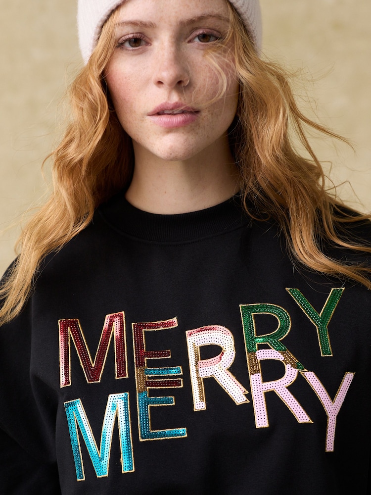 Bright Rainbow - Bluza na Boże Narodzenie z okrągłym dekoltem, cekinami i zabawnym nadrukiem Merry - Image 3 of 6