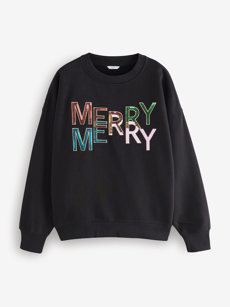 Bright Rainbow - Bluza na Boże Narodzenie z okrągłym dekoltem, cekinami i zabawnym nadrukiem Merry - Image 4 of 6