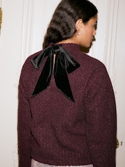 Burgundy Red Cosy Dropped Shoulder Velvet Bow Tie Back Crew Neck Jumper - Image 1 of 6