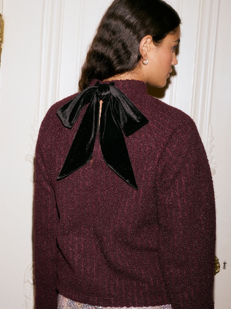 Burgundy Red Cosy Dropped Shoulder Velvet Bow Tie Back Crew Neck Jumper - Image 1 of 6