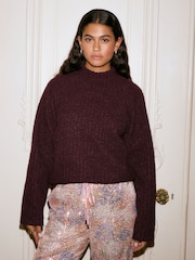 Burgundy Red Cosy Dropped Shoulder Velvet Bow Tie Back Crew Neck Jumper - Image 2 of 6