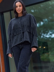 Charcoal Grey Premium Wool Blend Fringe Cape Scarf Tassle Coat Jacket - Image 1 of 6