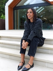 Charcoal Grey Premium Wool Blend Fringe Cape Scarf Tassle Coat Jacket - Image 3 of 6