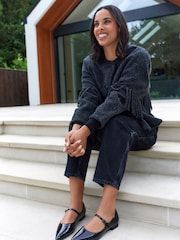 Charcoal Grey Premium Wool Blend Fringe Cape Scarf Tassle Coat Jacket - Image 4 of 6