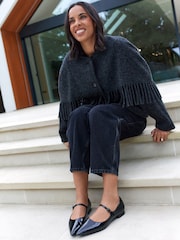 Charcoal Grey Premium Wool Blend Fringe Cape Scarf Tassle Coat Jacket - Image 5 of 6