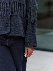 Charcoal Grey Premium Wool Blend Fringe Cape Scarf Tassle Coat Jacket - Image 6 of 6