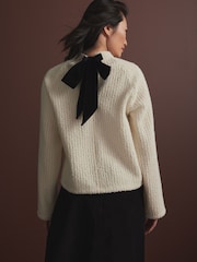 Ecru Cosy Dropped Shoulder Velvet Bow Tie Back Crew Neck Jumper - Image 1 of 9