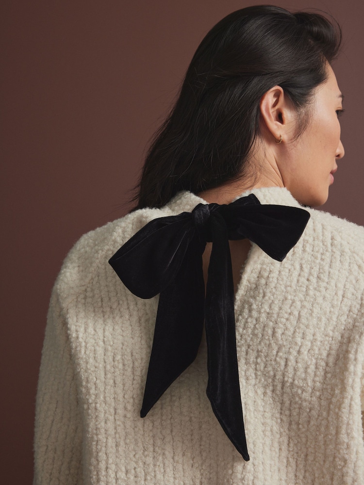 Ecru Cosy Dropped Shoulder Velvet Bow Tie Back Crew Neck Jumper - Image 6 of 9