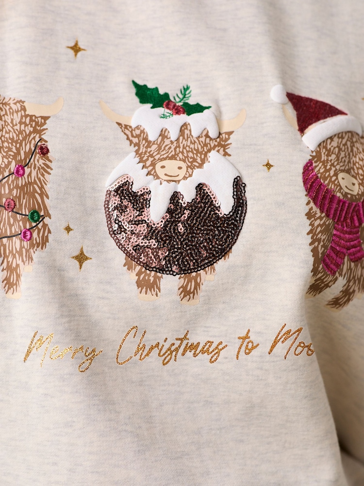 Oatmeal Marl Christmas Hamish The Highland Cow Fun Festive Novelty Front Graphic Crew Neck Sweatshirt - Image 5 of 5