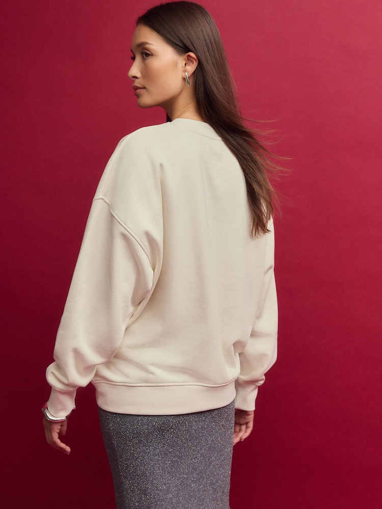 Ecru/Silver Christmas Sparkle Sequin Front Bow Graphic Crew Neck Sweatshirt - Image 2 of 8