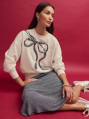 Ecru/Silver Christmas Sparkle Sequin Front Bow Graphic Crew Neck Sweatshirt - Image 4 of 8