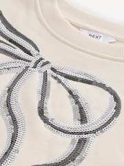 Ecru/Silver Christmas Sparkle Sequin Front Bow Graphic Crew Neck Sweatshirt - Image 7 of 8