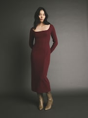 Burgundy Red Cosy Soft Touch Midi Length Long Sleeve Dress - Image 1 of 4