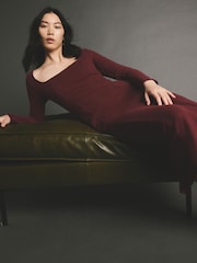 Burgundy Red Cosy Soft Touch Midi Length Long Sleeve Dress - Image 4 of 4