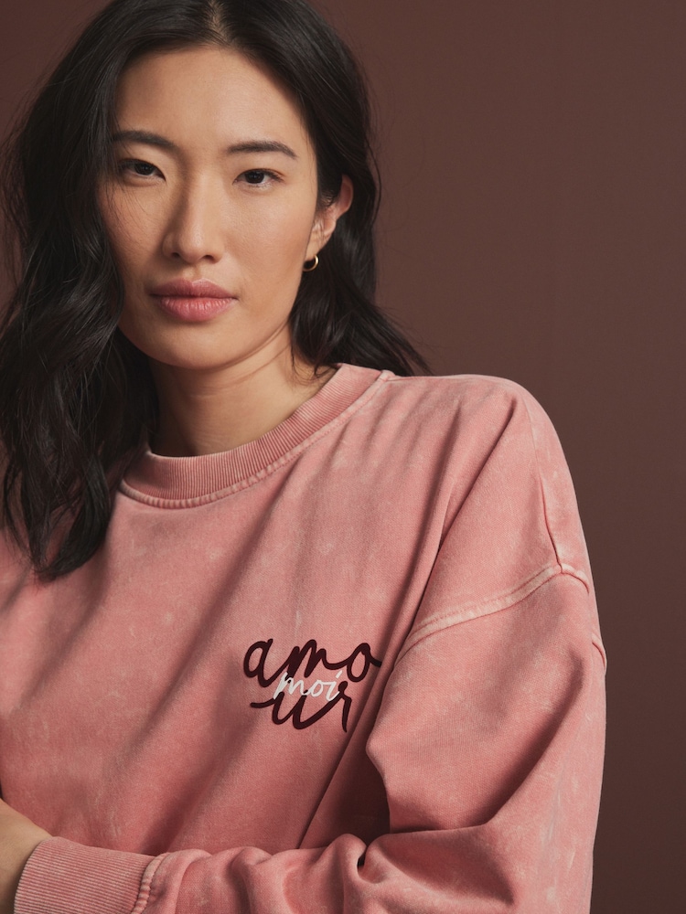 Pink Washed Graphic Amour Love Crew Neck Sweatshirt - Image 4 of 9