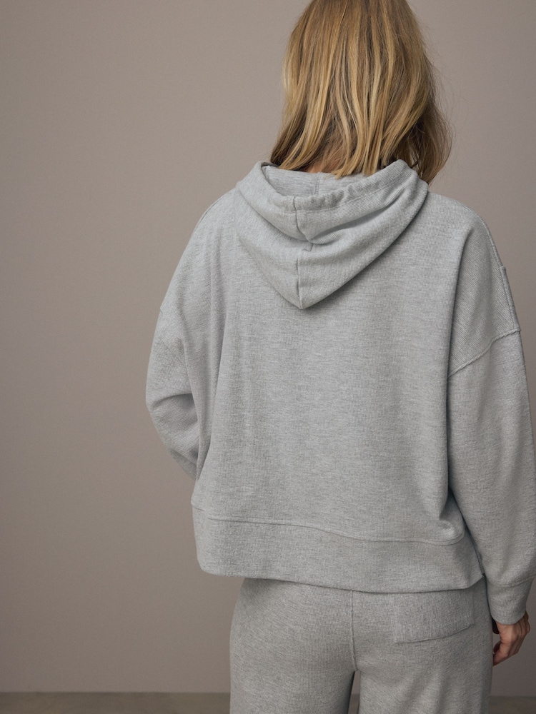 Marl gris - Relaxed Fit Cosy Soft Touch Ribbed Stepped Hem Sweat-shirt à capuche - Image 3 of 7