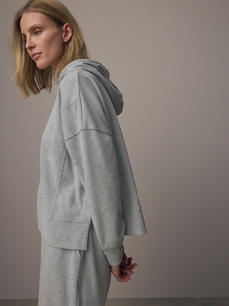 Marl gris - Relaxed Fit Cosy Soft Touch Ribbed Stepped Hem Sweat-shirt à capuche - Image 4 of 7