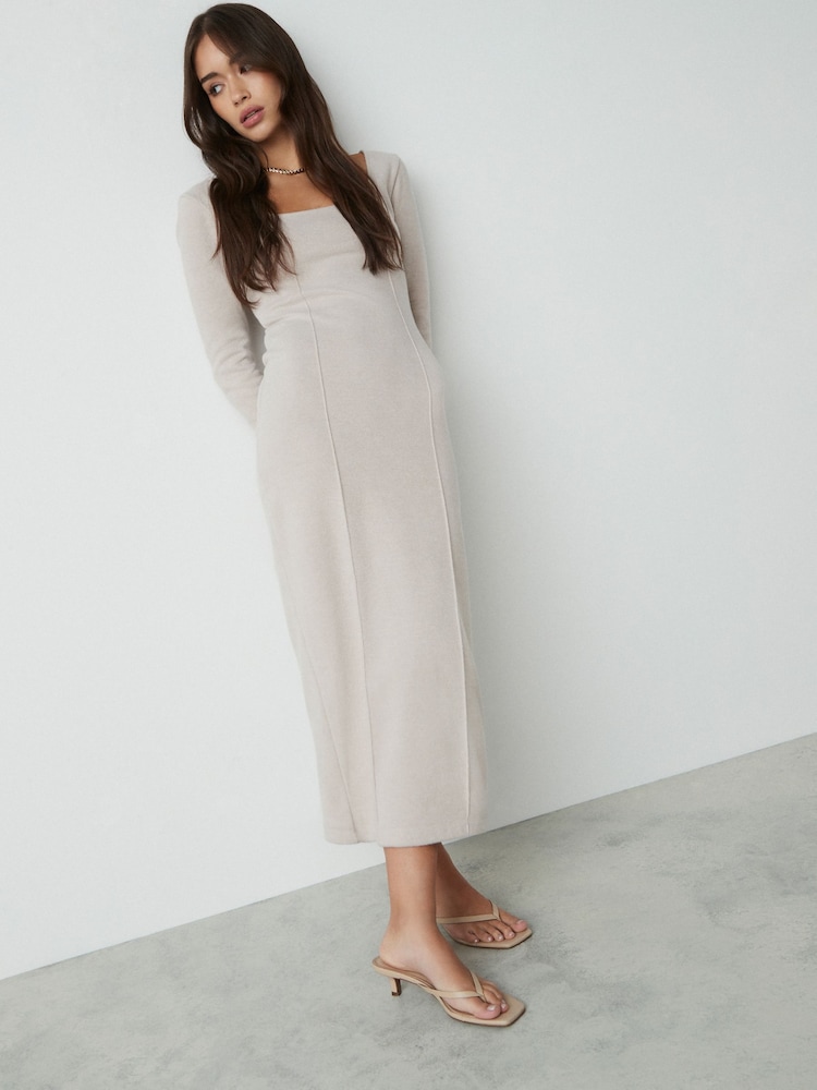 Neutral Cosy Soft Touch Midi Length Long Sleeve Dress - Image 1 of 5