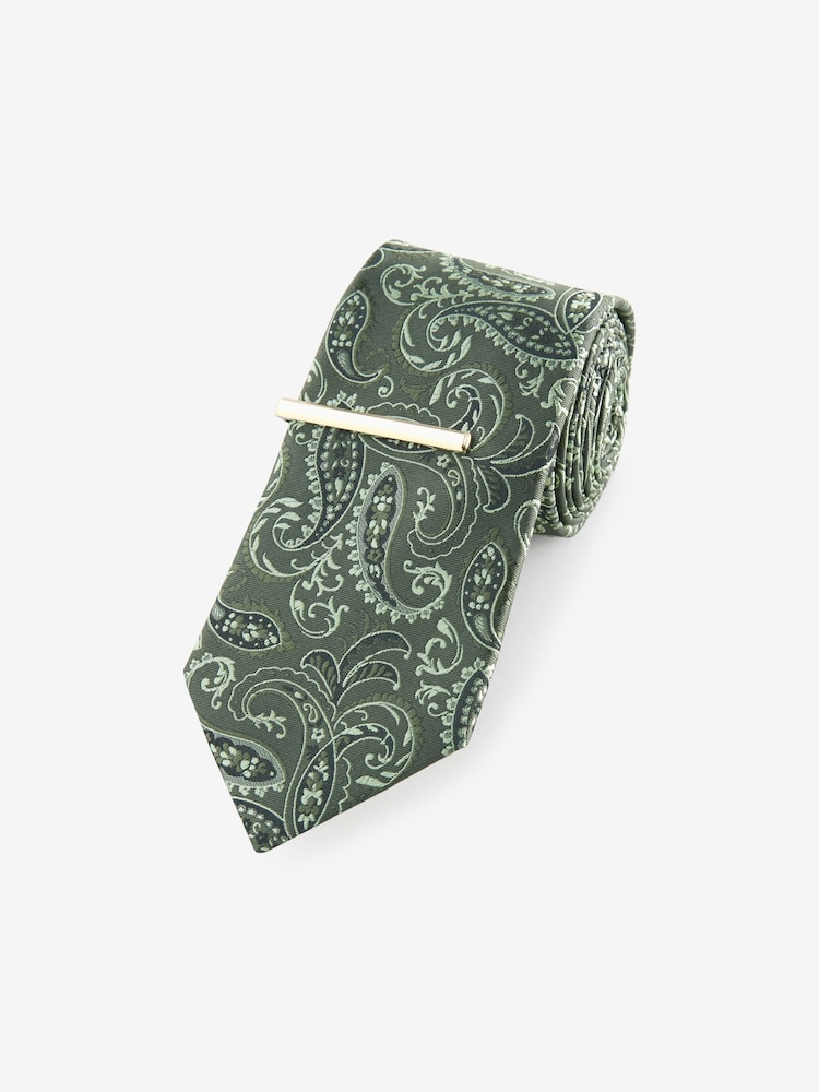 Green Paisley Slim Design Tie And Tie Clip - Image 1 of 3